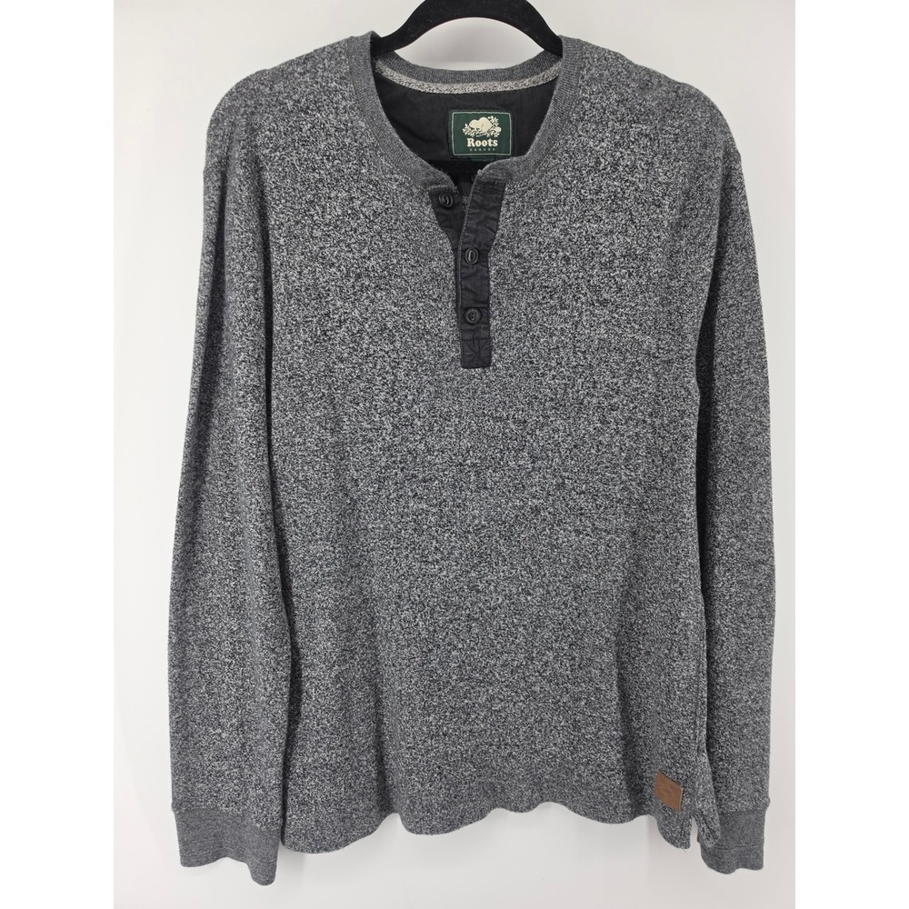 Roots Canada Mens Grey Salt and Pepper Cotton Long Sleeve Henley Shirt Large